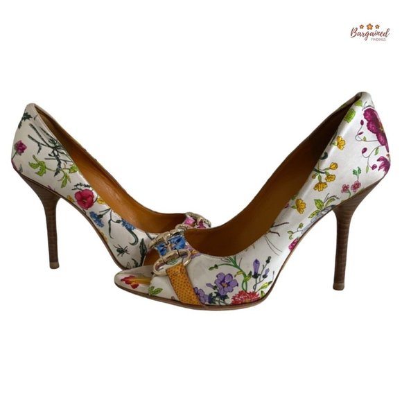 Authentic GUCCI Botanical Floral Satin & Karung Horsebit Peep Toe Pumps Size 7.5